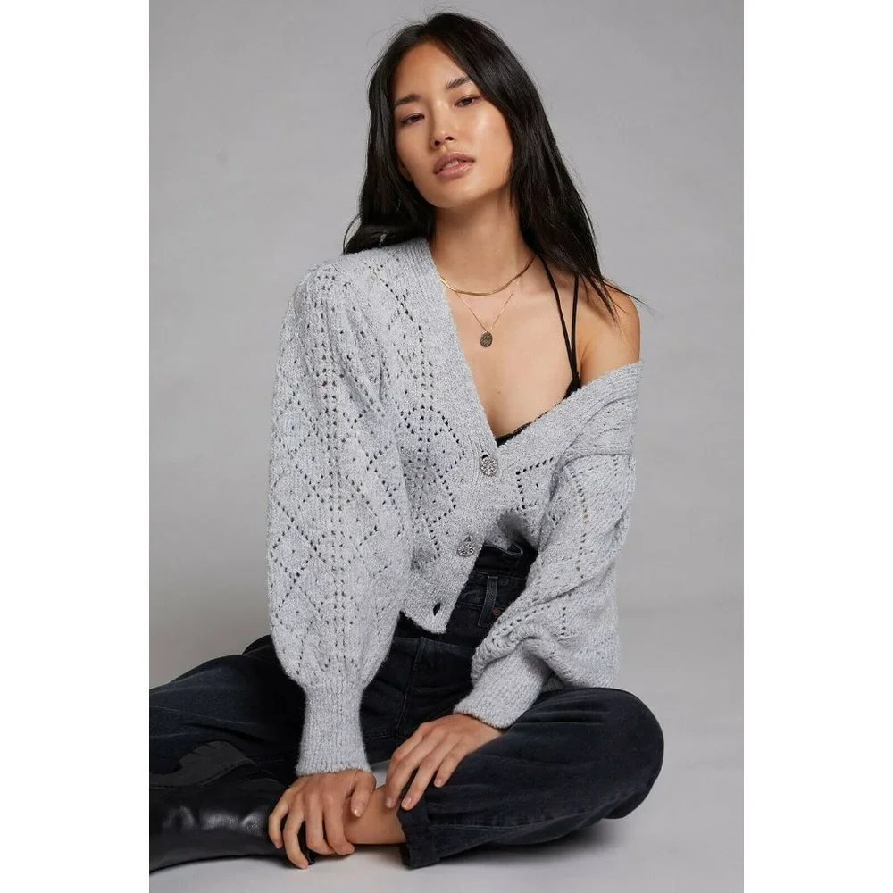 NWT Anthropologie Pointelle Cardigan Sweater XL HTF Gray $130 Rhinestone Buttons